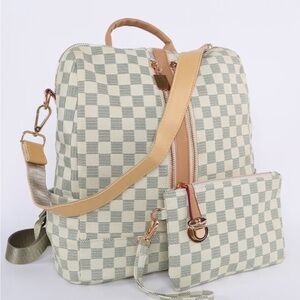 White Checkered Beige and Tan Women's Bag Set